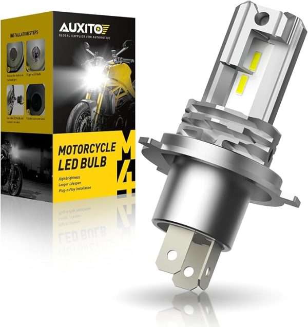 AUXITO Bombilla H4 Hi/Baja para motocicleta, 400% más brillante, 9003 Bombilla 6000K Blanco frío H4 antiniebla sin ventilador, Plug and Play
