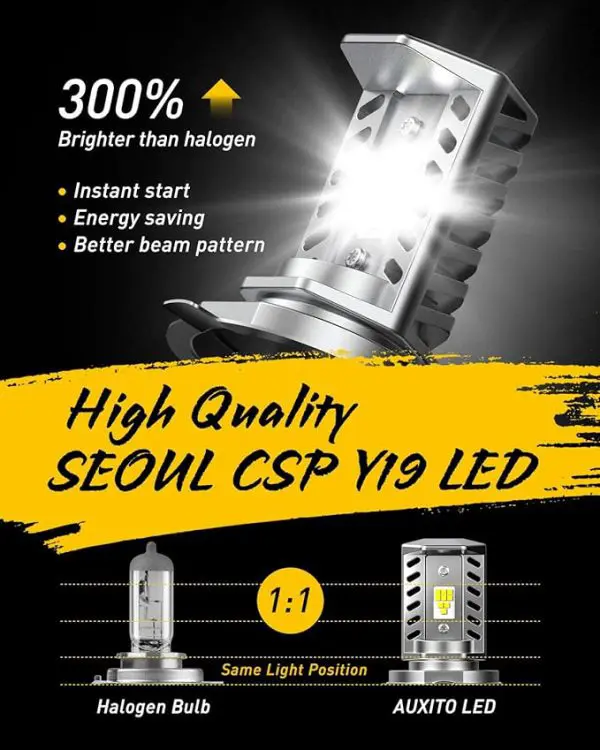 AUXITO Bombilla LED H4 9003 de doble haz con chips LED CSP Y19 especialmente diseñada para motocicleta 6500K blanco, paquete de 1