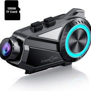 FreedConn Auriculares Bluetooth para motocicleta con cámara 2K [disparo de 360°] [visión nocturna mejorada] , 2-8 conductores sistemas de comunicación de motocicleta de 1500 M, tarjeta TF de 128 G, 2000 mAh/compartir música/IP65