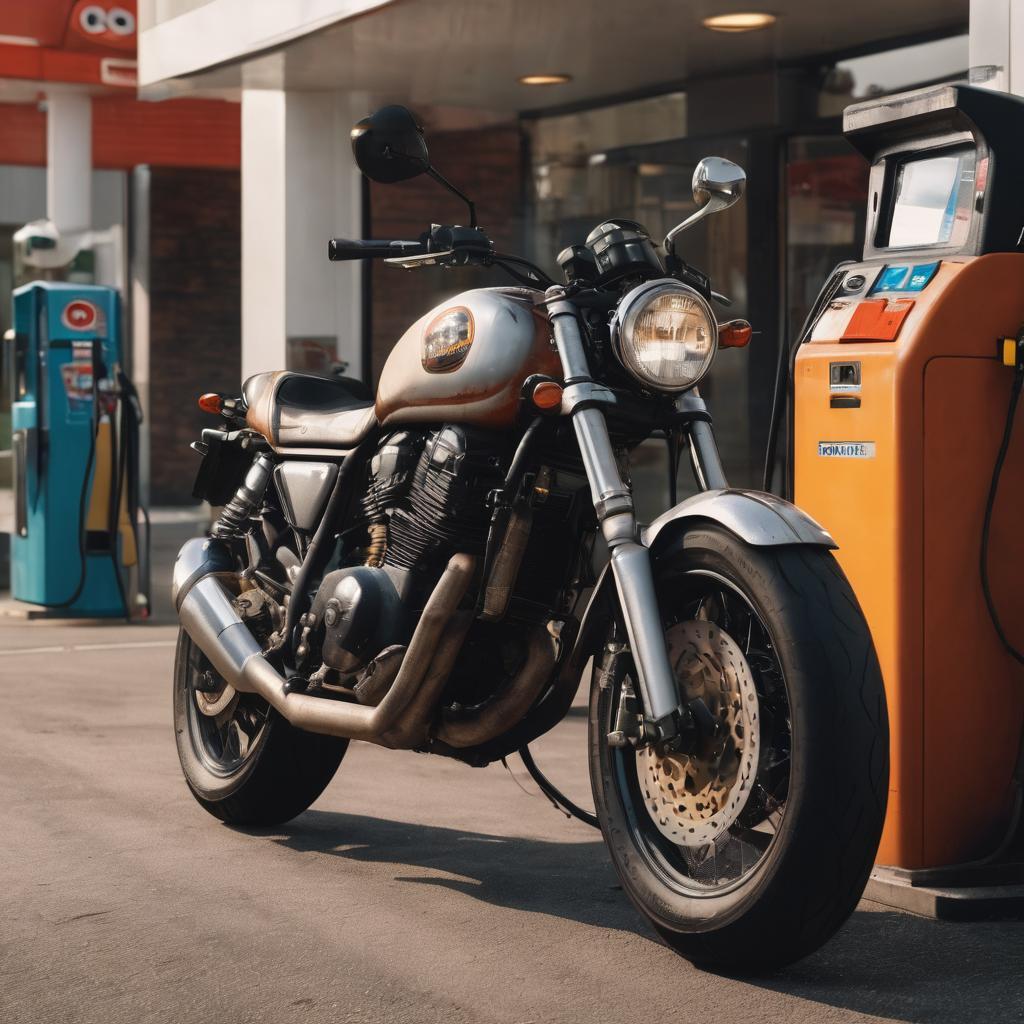 Motocicleta y estacion de servicios cargando gasolina Cuidados como el cambio de aceite periodico y revisiones
