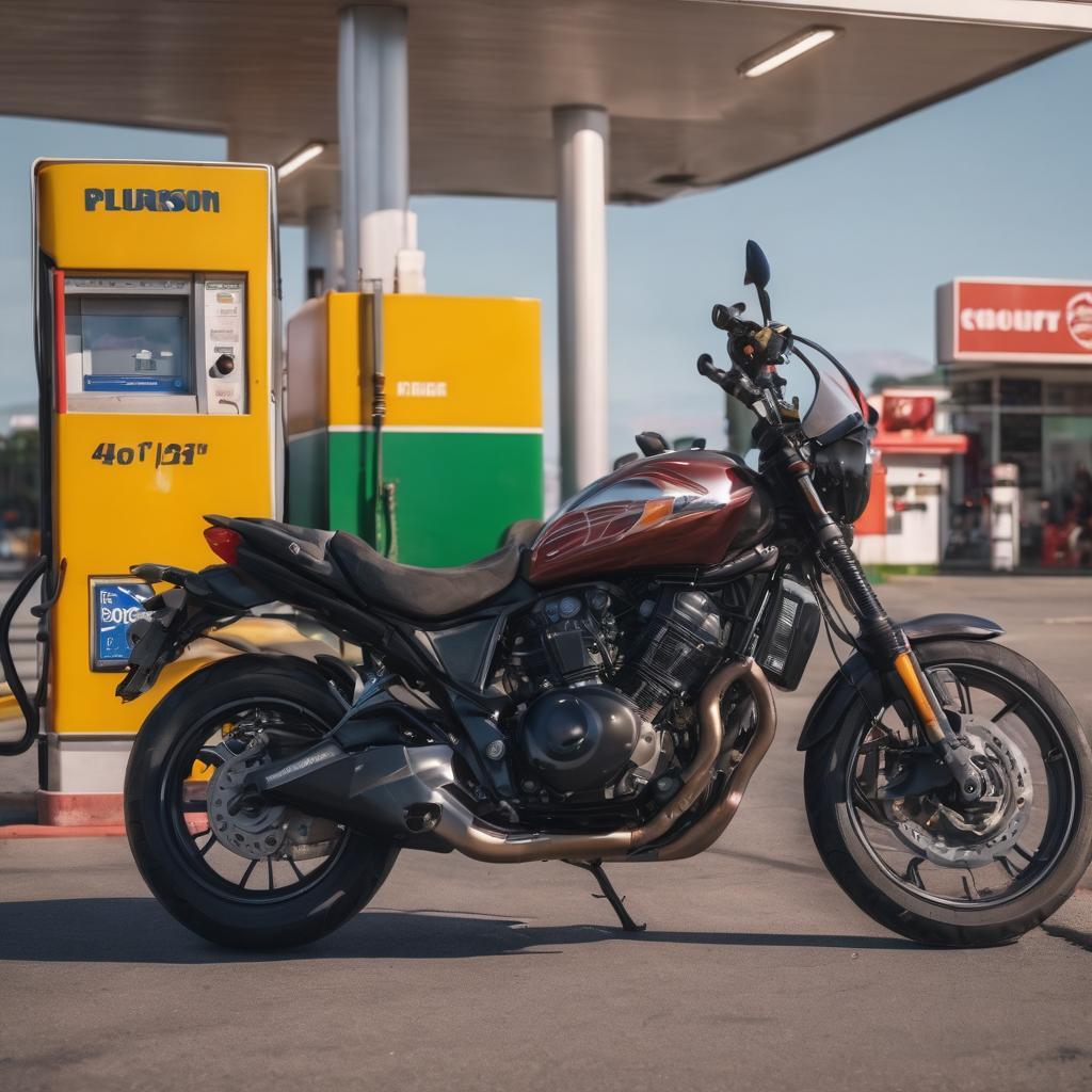 Moto y estacion de servicios cargando gasolina