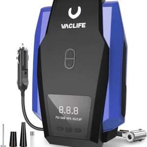 VacLife Compresor de aire portátil para inflador de neumáticos, bomba de aire para neumáticos de automóvil, bomba de neumáticos de 12 V CC 100 PSI para bicicletas con luz LED, medidor de presión