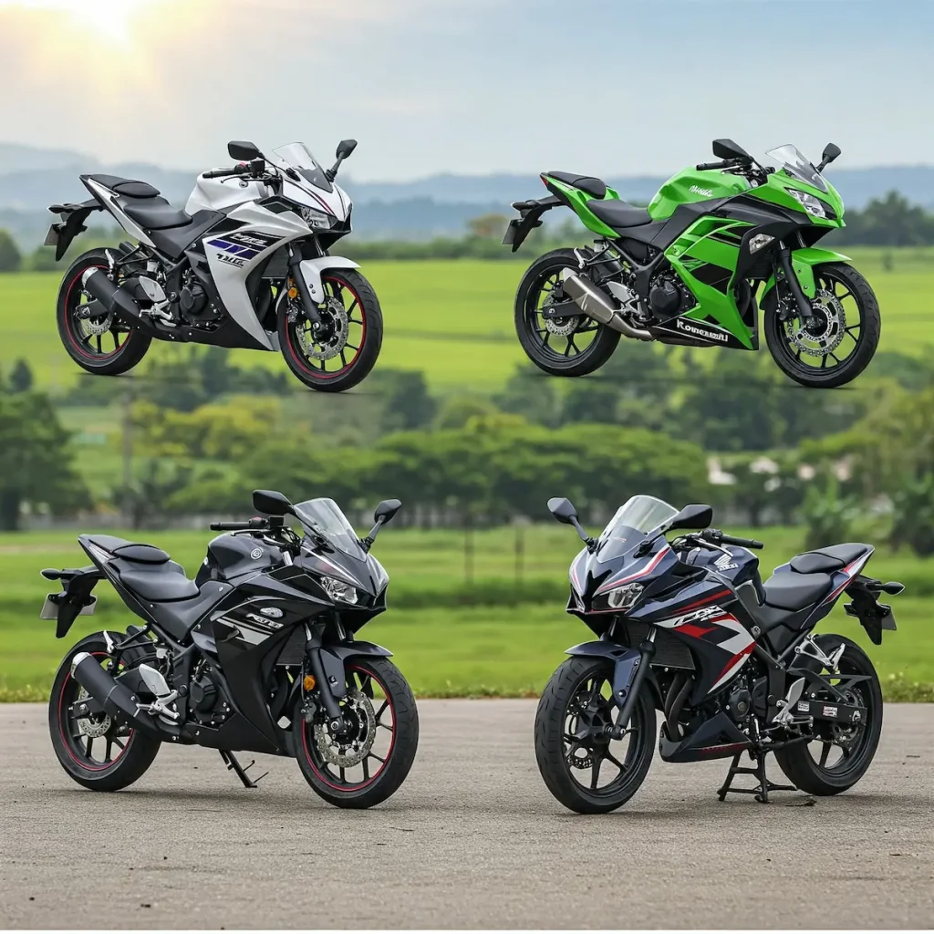 Crear una foto con Yamaha YZF-R25, la Kawasaki Ninja 250 y la Honda CBR250R.