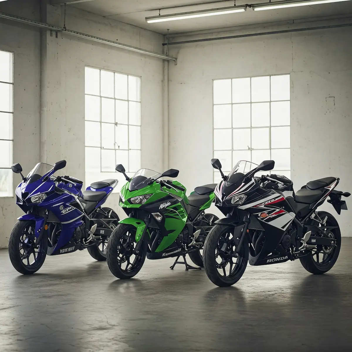 Crear una foto con Yamaha YZF-R25, la Kawasaki Ninja 250 y la Honda CBR250R.