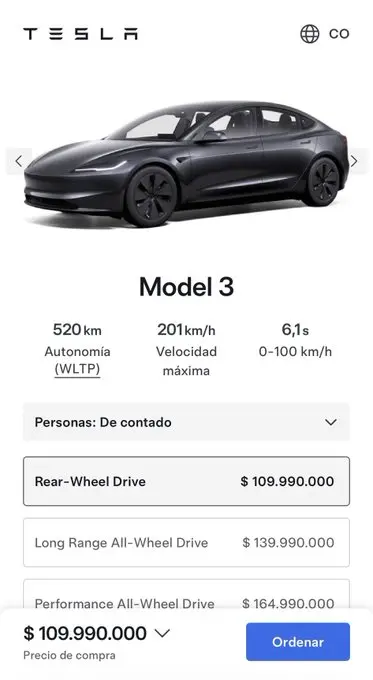 Precios de TEsla Model 3 en Colombia lanzamiento 2025-11-20